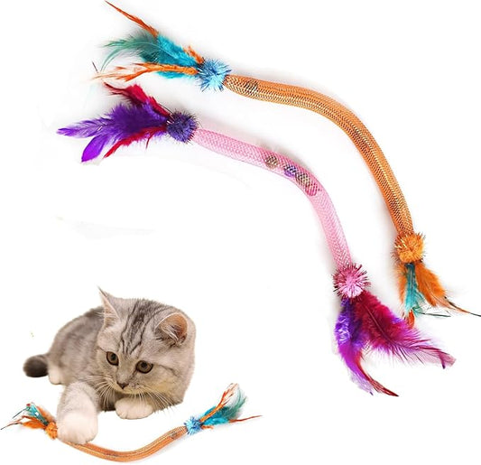 Cat Toys for Indoor Cats – 2 Pack Feather Toys with Pom-Pom & Bells, 19.5 Inch Teething Cat Toys Bundle for Chew, Cat Spiral Spring, Kitten Teething Toys