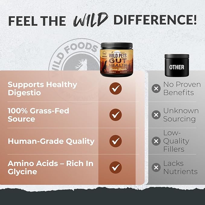 Wild Foods Dog Bone Broth Powder – 100% Natural & 16oz US Made Bone Broth for Dogs Support Digestion, Gut & Joint Health – Non Fillers Rich in Gelatin, Glutamine & Proline