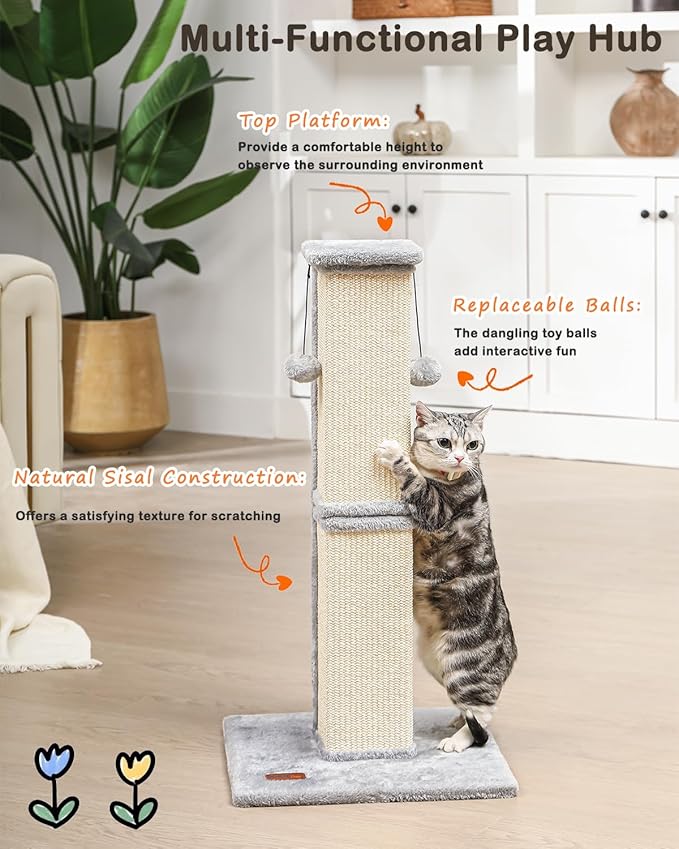 Cat Scratching Post, 33Inch Tall Cat Scratch Post for Indoor Cats Adults and Kitten, Sisal Cat Scratcher with Hanging Balls (Grey)