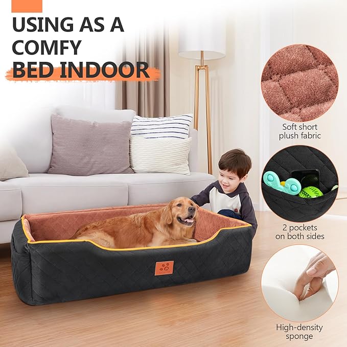 GL GLENSLAVE Dog Car Seat for Large/Medium Dogs, Comfortable Dog Car Booster for Back Seat, Fully Detachable & Washable Pet Travel Bed with Storage Pockets,2 Safety Belts