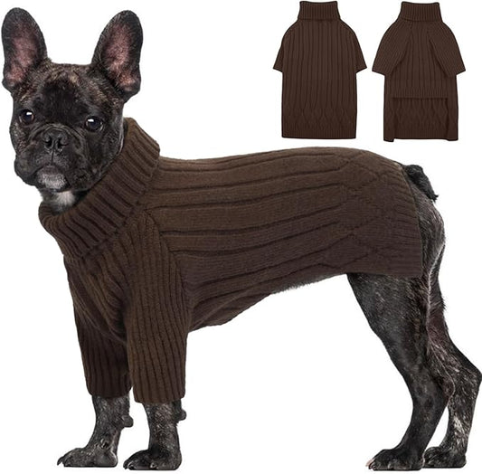 Large Dog Sweater - Turtleneck Thick Warm Doggie Christmas Sweater for Girl Boy Dogs (Brown L)