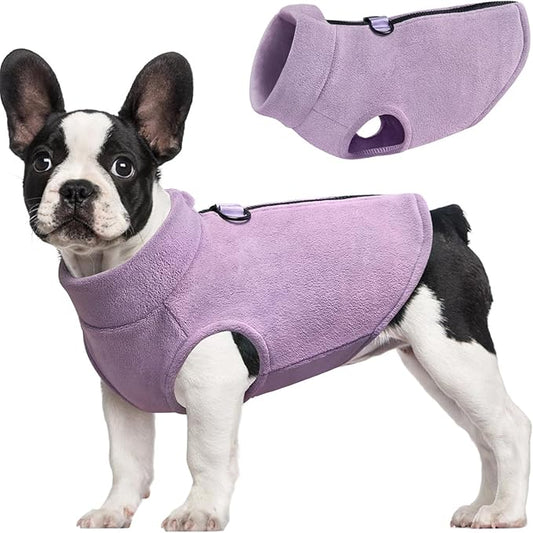 Idepet Dog Fleece Vest Sweater Zip Up Warm Pullover Dogs Jacket with D-Ring Leash Winter Cold Weater Coat Pet Sweatershirt Clothes Hoodie for Small Medium Dogs Boy Girl (Purple, S)