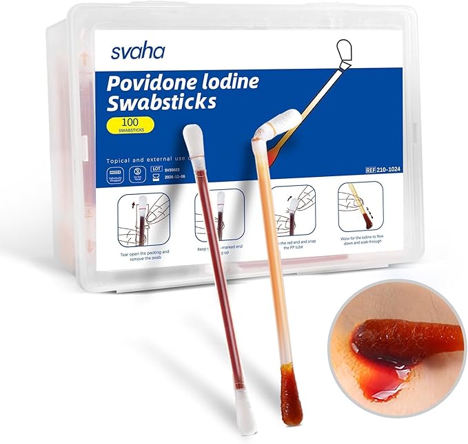100 Sticks Iodine Swabs Povidone Iodine Swabsticks - Wound Care First Aid Supplies with Povidone Iodine Solution, Individually Wrapped in Reusable Plastic Case