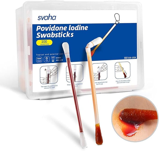 100 Sticks Iodine Swabs Povidone Iodine Swabsticks - Wound Care First Aid Supplies with Povidone Iodine Solution, Individually Wrapped in Reusable Plastic Case