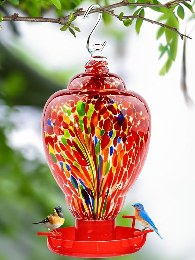 Colorful Glass Wild Bird Waterer 32 Oz Bird Water Feeder for Outdoors Garden Outside Water Cooler Tree Yard Decoration (Red-fire)