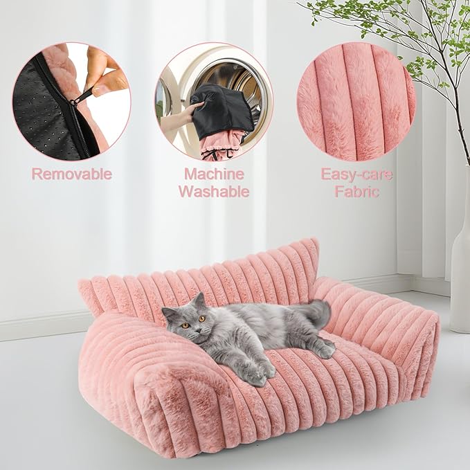 Cute Cat Couch Bed for Indoor Cats, Fluffy Pet Cat Sofa with Premium Soft Corduroy Fleece, Cute Small Dog Beds for Small Dogs, Fuzzy Puppy Chair with Removable Washable Cover (24x18x10,Pink)