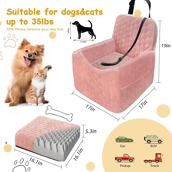 Dog Car Seat for Small/Medium Dogs, Memory Foam Dog Booster Seat, Travel Safety Per Car Seat with Washable Removable Cover, Storage Pockets for Dogs up to 35 lbs (Pink, Small)