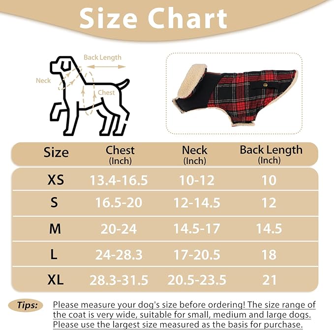 Winter Coat for Small and Medium Dogs, Puppy Plaid Jacket, Cotton Coat for Cold Weather, Windproof Warm Dog Garments, Pet Thickened Outfits Indoor Outdoor, Red L