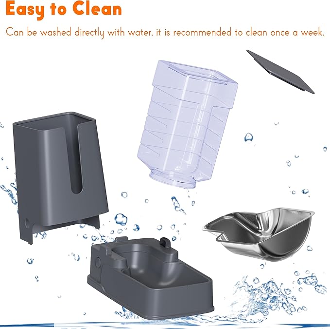 Cat Food Dispenser and Cat Water Dispenser Set with Stainless Steel Bowls Gravity Dog Feeder for Small Medium Big Cat Dog Pet Puppy Kitten, 1 Gallon x 2