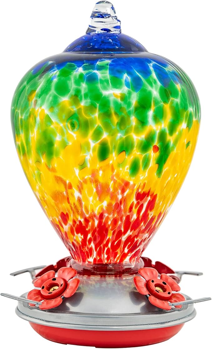 Hummingbird Feeders, 34OZ Hand Blown Glass Hummingbird Feeder for Outdoors Hanging with Ant MoatHooks, Perfect for Gardening Yard Patio Decor Gifts (Rainbow)