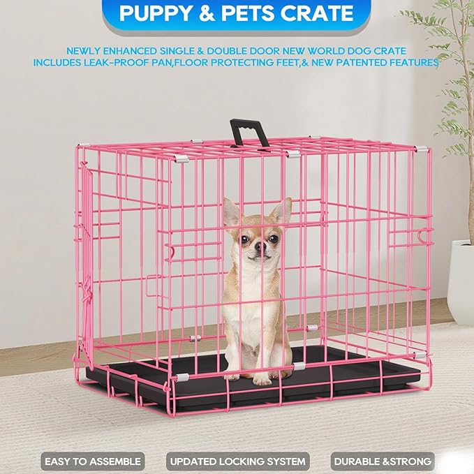 FDW Dog Crate for Small Dogs 18 Inch Folding Metal Wire Pet Cage Single Door W/Divider Panel Indoor Outdoor Kennel Leak-Proof Plastic Tray,Pink
