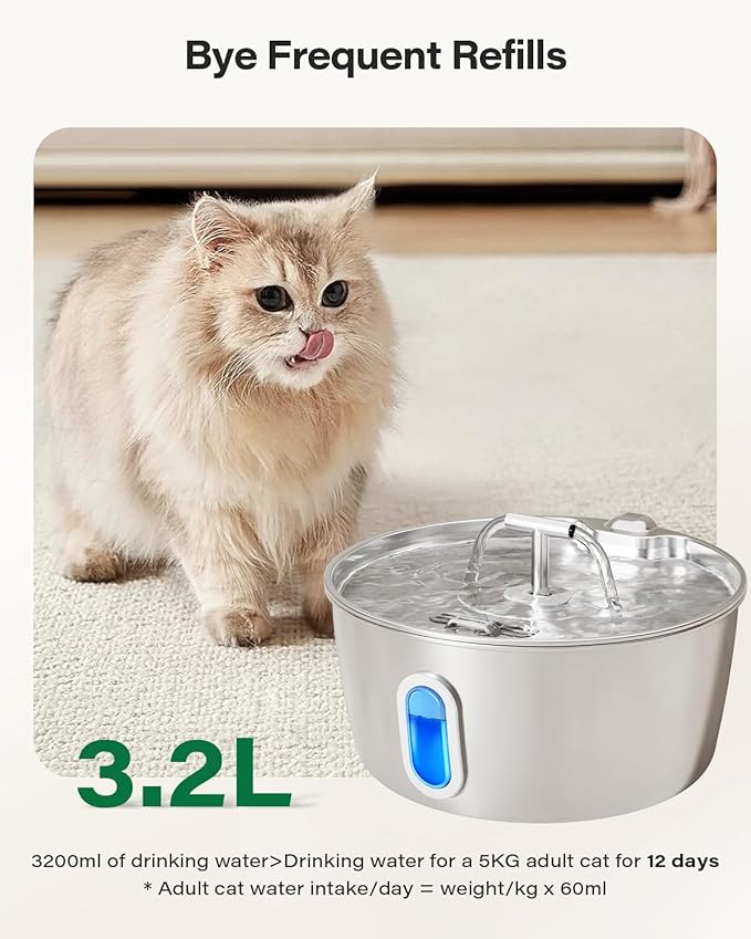Cat Water Fountain Stainless Steel - 3.2L/108oz Pet Water Fountain for Cats Indoor - Automatic Pet Watering Dispenser (4 Filter)