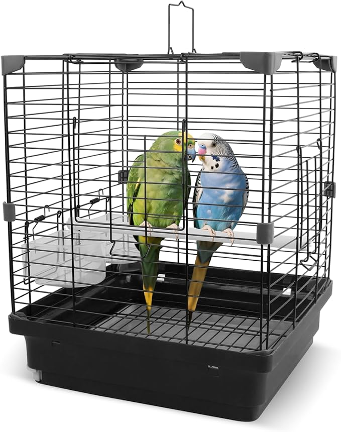 Small Bird Cage for Parakeets, Budgies & Canaries and More Small Birds - Lightweight Travel Birdcage & Bird Carrier with Handle, Stand, Removable Tray, Portable for Hanging, Outdoor Use, Black