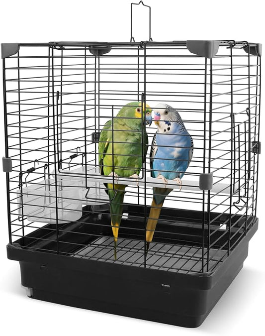 Small Bird Cage for Parakeets, Budgies & Canaries and More Small Birds - Lightweight Travel Birdcage & Bird Carrier with Handle, Stand, Removable Tray, Portable for Hanging, Outdoor Use, Black