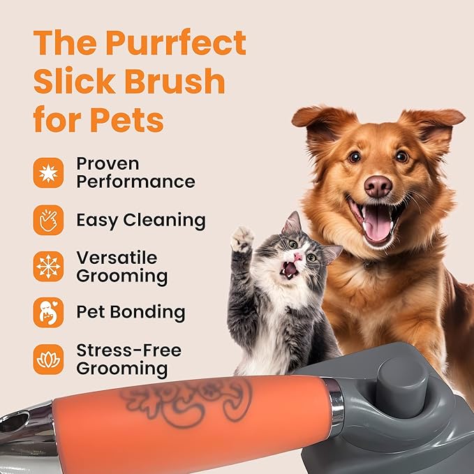 GoPets Self-Cleaning Slicker Brush for Dogs & Cats, Deshedding & Dematting Comb with Retractable Bristles, Undercoat Tool for Long Haired Dogs, Non-Slip Handle, Detangler for Mats & Shedding Fur