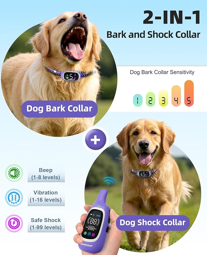 2-in-1 Dog Shock Collar and Bark Collar for Dogs – 3300FT Dog Training Collar with Remote, IP67 Waterproof e Collar with Anti-Bark/Beep/Vibration/Shock Modes for Small Medium Large Dog(8-120Lbs)