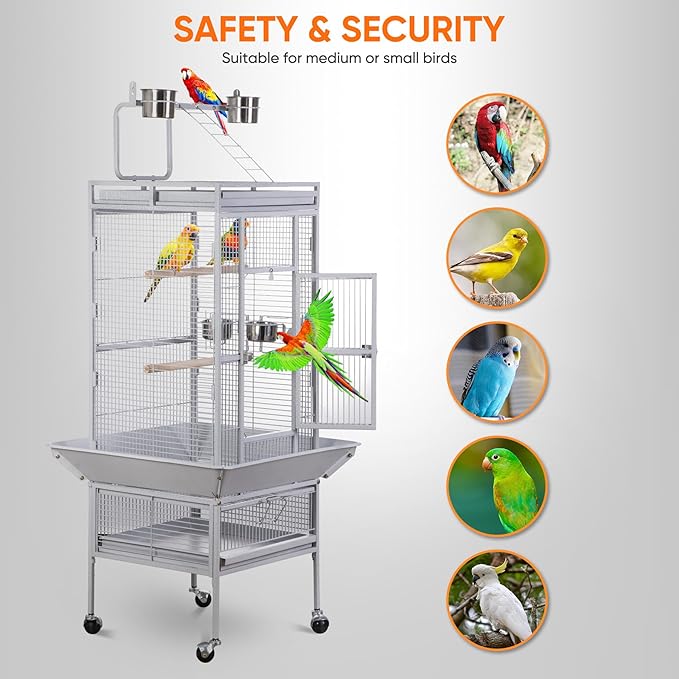 ZENY 61-inch Large Parrot Cockatiel Bird Cages with Wrought Iron Play Top, Aviary with Rolling Stand for Sun Parakeet Quaker Conure Lovebird Budgie Finch African Grey White Birdcage (White)