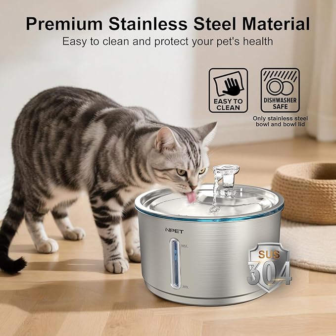 NPET Stainless Steel Cat Water Fountain, 1Gallon/135oz Automatic Pet Drinking Fountain Dog Water Dispenser Bowl with Water Level Window for Cats Indoor - WF210plus