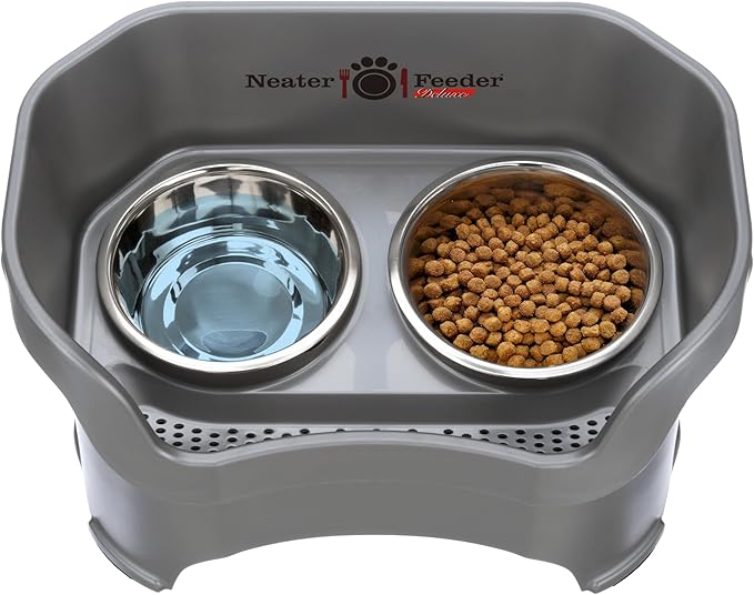 Neater Pet Brands Neater Feeder Deluxe Mess Proof Dog Bowls Elevated for Large Dogs Over 40 lbs, Made in USA, No Spill Raised Dog Food Bowl Stand Feeding Station, Food and Water Bowl Set, Grey