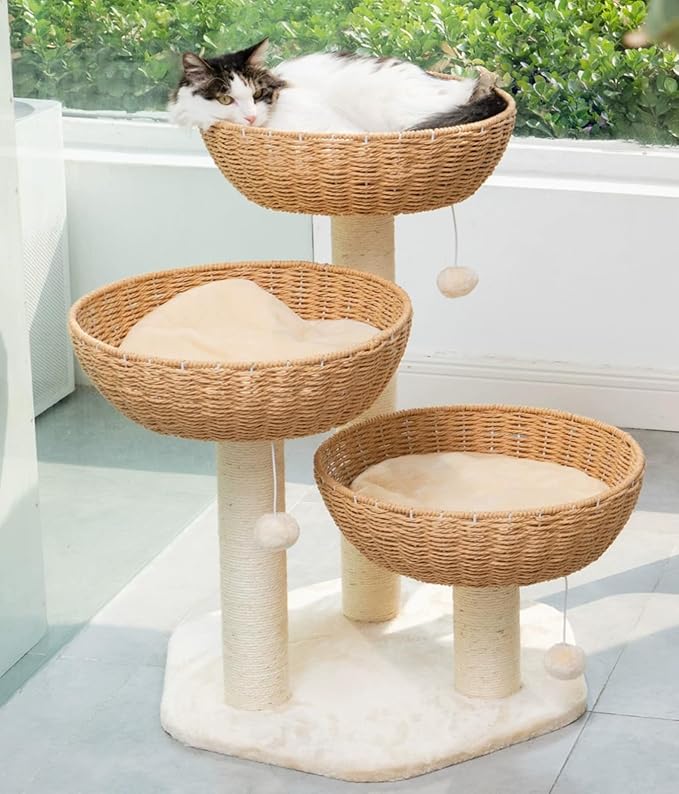 SHENGOCASE Cat Tree Tower with Rattan Wicker Basket, 3 Handwoven Large Nest Baskets Bed, Window Perch for Large Cats up to 20LBS