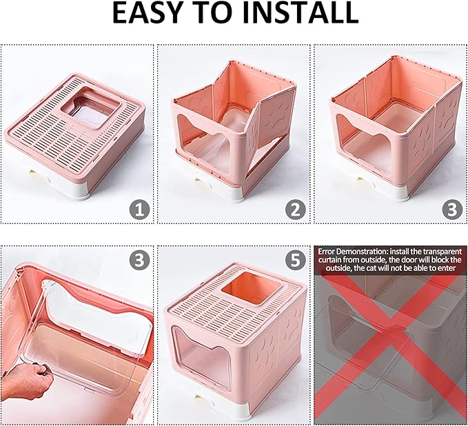 Cat Litter Box with Lid, Top Entry Cat Litter Box Pan, Enclosed Cat Potty, Anti-Splashing Cat Toilet, Foldable Litter Box Large Covered Cat Supplies with Scoop Brush and Garbage Bag