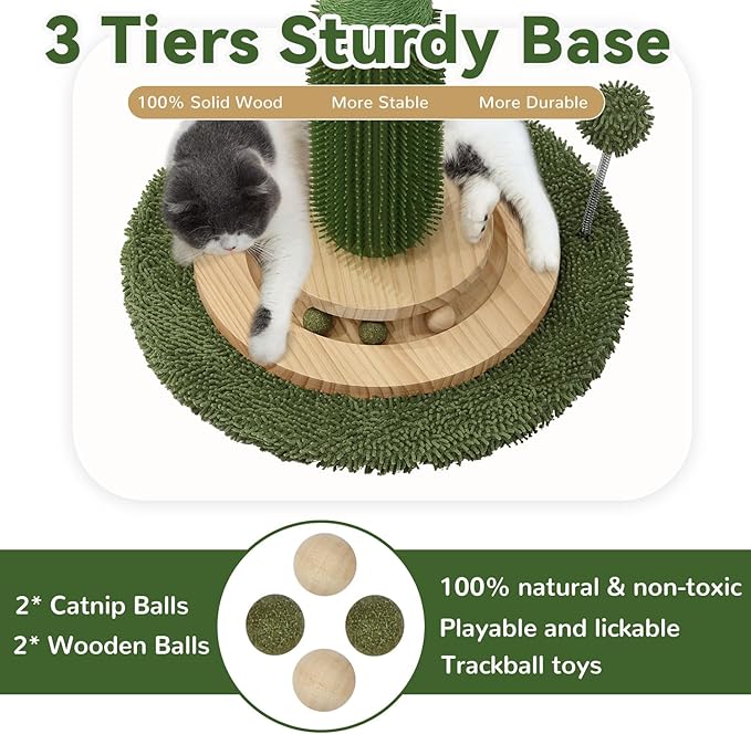 OTOB 36" Tall Cat Scratching Post, Natural Sisal Rope Cactus Cat Scratch Post, Vertical 6-in-1 Interactive Turntable Cat Scratcher Post with Soft Ball Toys, Protect Your Furniture for All Indoor Cats