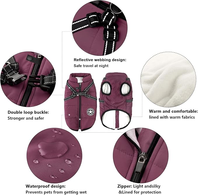 Aiboria Dog Jackets for Winter Windproof Waterproof 2 in 1 Outfit Cold Weather Coat Dog Vest Harness Puppy Winter Warm Jacket Purple XXL