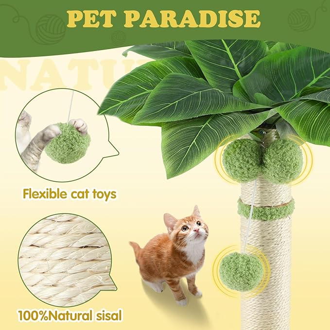 39.4'' Tall Cat Scratching Post,3.5 Inch Wide Sisal Rope Scratching Post for Indoor Adults Kittens,Cat Scratcher with Stable Solid Wood Base Interactive Ball Toys Self Groomer Brush for Large Cats
