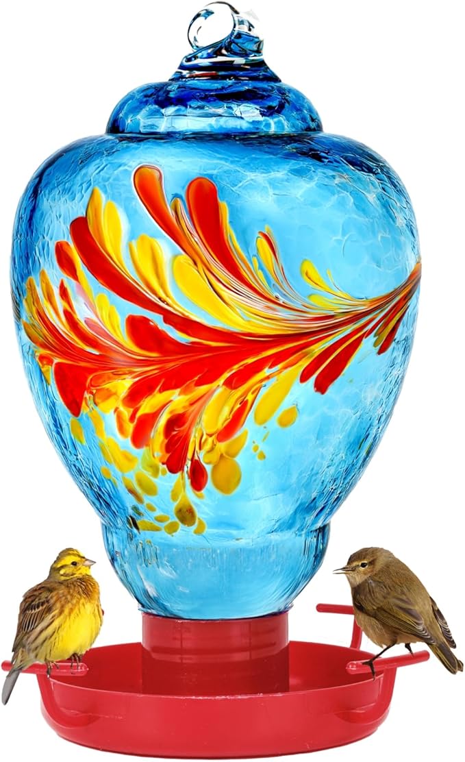 Colorful Glass Wild Bird Waterer 32 Oz Bird Water Feeder for Outdoors Garden Outside Water Cooler Tree Yard Decoration (Blue)