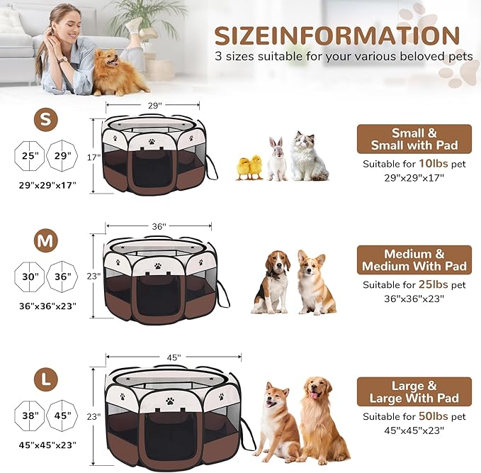 Pop-up Playpen for Puppy, Portable and Foldable Exercise Kennel Tent Crate Indoor/Outdoor Travel Camping, Removable Zipper Top