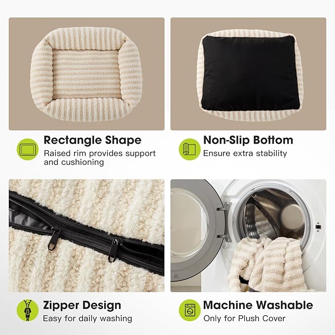 MIXJOY Dog Bed Medium Size Dog, Washable Medium Dogs Bed with Removable Cover, Soft Rectangle Pet Ded Fluffy Plush Faux Fur Pet Bed with Anti-Slip Bottom, 30"x30"x8", Beige