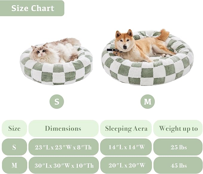 Checkered Cat Dog Bed, Cute Sage Green Retro Style Aesthetic Round Warming Pet Calming Beds for Small Dog and Cats, Plush Cozy Donut Beds Washable, 23" L x 23" W x 8" Th