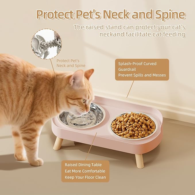 Elevated Cat Bowl, Raised Cat Food and Water Bowl Set for Indoor Cats, Splash Proof with 2 Stainless Steel Pet Food Bowls for Cats and Puppies, Whisker Fatigue and Dishwasher Safe - Pink