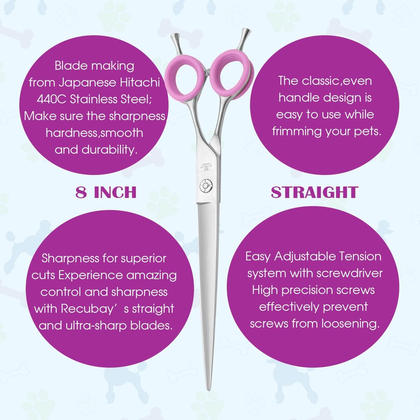 Dog Grooming Scissors, 8.0" Shears, Straight Scissors for Pet Hair Trimming. Matte Deluxe Dog Shears