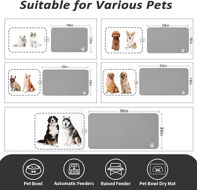 Pet Feeding Mat - Absorbent Dog Mat for Food and Water, No Stains Cat Bowl Mat, Easy to Clean Pet Placemats, Quick Dry Dog Water Dispenser Mat for Messy Drinkers | Paw Grey 12"x 19"