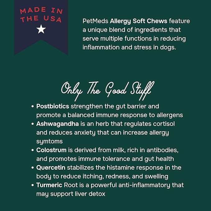 PetMeds Allergy Supplement for Dogs - Vitamins for Allergy Relief with Postbiotics, Colostrum, Quercetin & Turmeric for Dogs Itchy Skin & Scratching - Beef & Sweet Potato Flavor - 60 Soft Chews