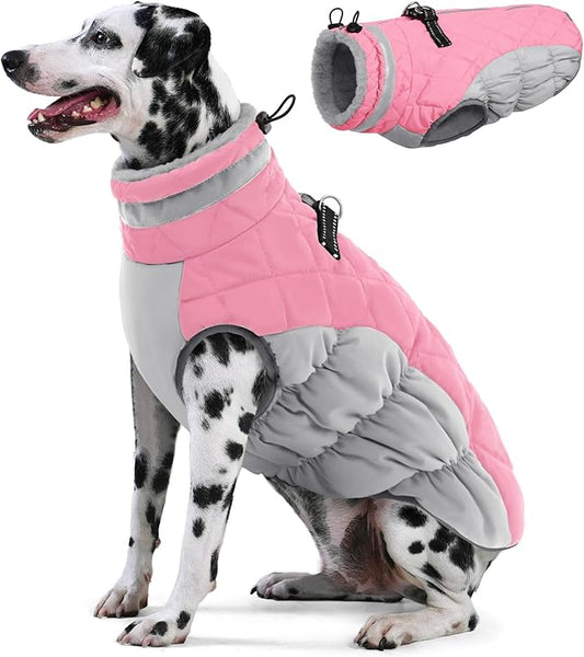 AOFITEE Dog Coat, Warm Dog Winter Coat for Large Dogs, Reflective Turtleneck Dogs Jacket with Harness Built in, Waterproof Windproof Pet Puffer Jacket Fleece Vest for Cold Weather, Pink XXXL