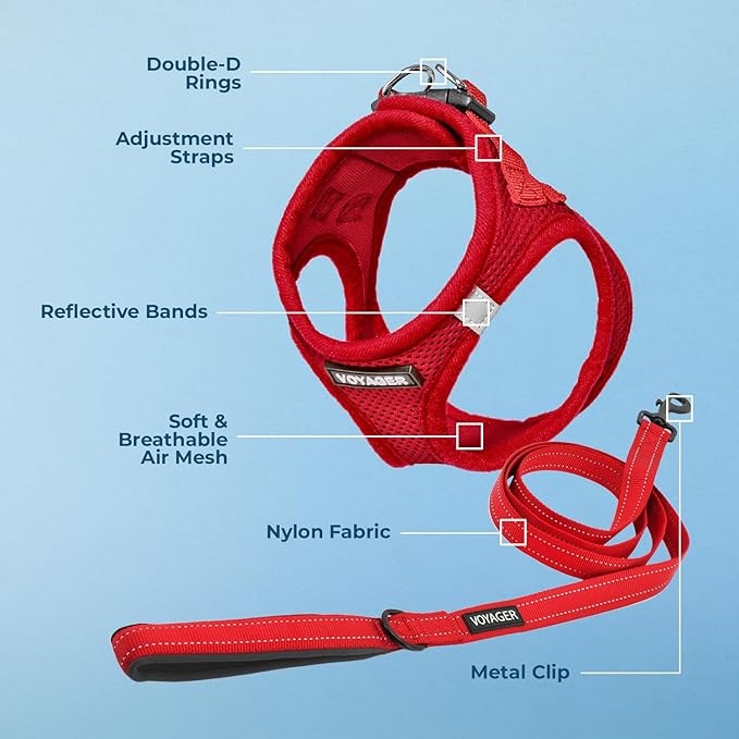 Voyager Step-in Air All Weather Mesh Harness and Reflective Dog 5 ft Leash Combo with Neoprene Handle, for Small, Medium and Large Breed Puppies by Best Pet Supplies - Harness Leash Set (Red), XS