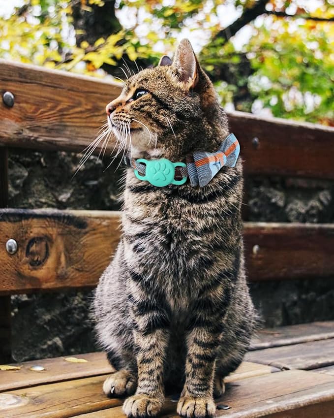 Joytale Upgraded Cat Collar with Bells, Breakaway Cat Collars with Bow Tie, 1 Pack Girl Boy Safety Plaid Kitten Collars, Haze Blue