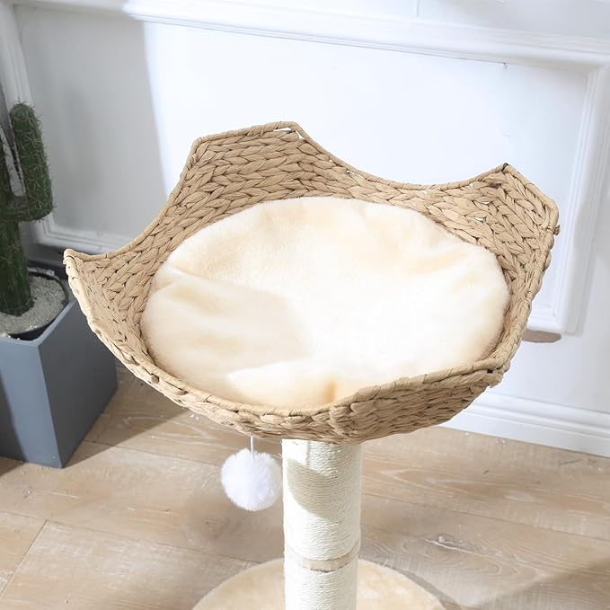 SHENGOCASE Small Cat Tree Tower with Large 17.7" Rattan Wicker Basket, Handwoven Nest Basket Bed, Window Perch for Large Cats up to 25LBS