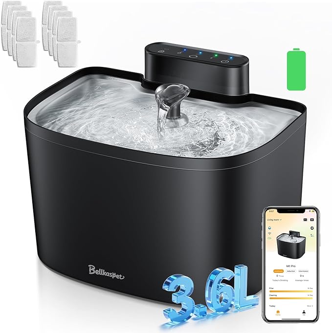 Cat Water Fountain, App Control Cat Fountain, 122oz/3.6L Pumpless Water Fountains for Cats Indoor with Stainless Steel Tray, Wi-Fi Dog and Pet Water Fountain (Black, Fountain+8 Fliters)