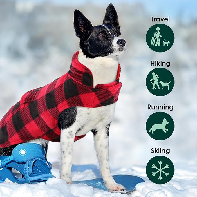 Kuoser Dog Winter Coat, Windproof Dog Fleece Jacket British Style Plaid Cold Weather Doggie Vest Coats, Reversible Cozy Warm Pet Clothes Apparel for Medium Dogs M