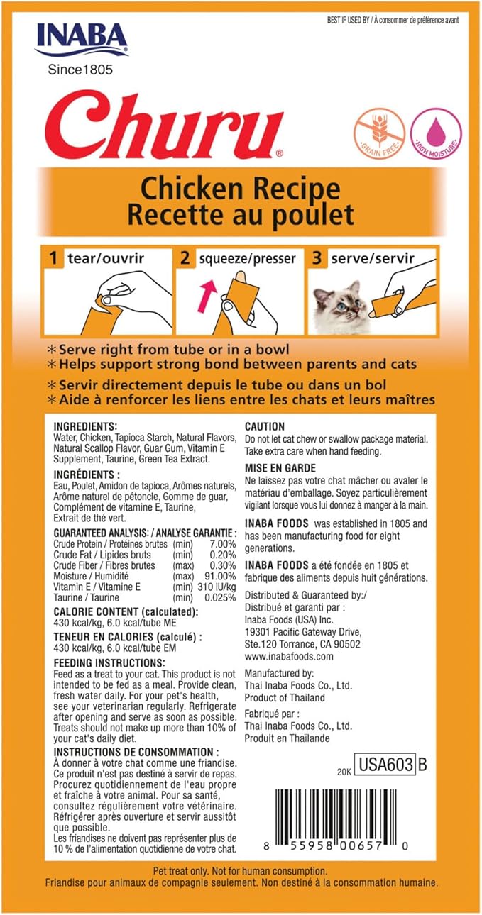 INABA Churu Cat Treats, Grain-Free, Lickable, Squeezable Creamy Purée Cat Treat/Topper with Vitamin E & Taurine, 0.5 Ounces Each Tube, 24 Tubes (4 per Pack), Chicken Recipe