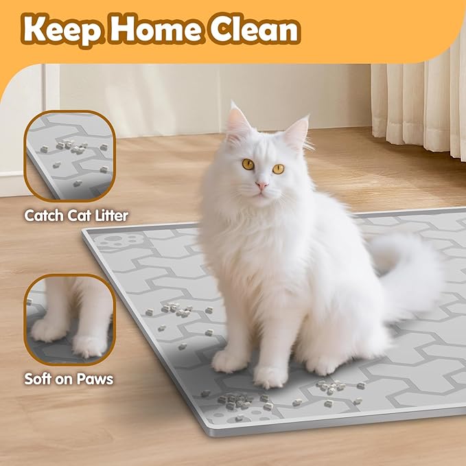 Silicone Cat Litter Mat, Large 34"x22", Foldable and Easy to Clean, Waterproof, Leak-Proof, and Urine-Proof, Protects Floors, Suitable for Indoor Litter Box Mats.(Gray)
