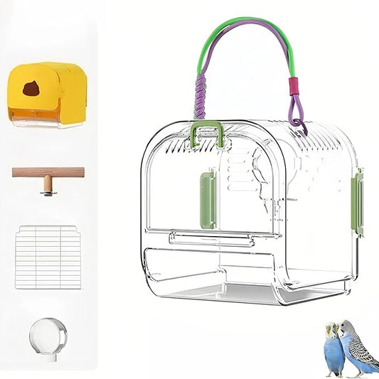 Small Bird Travel Cage Carrier,Portable Plastic Bird Cages,Portable Bird Carrier with Clear Acrylic Design, Travel Cage with Cover, Indoor Outdoor Use (Green)