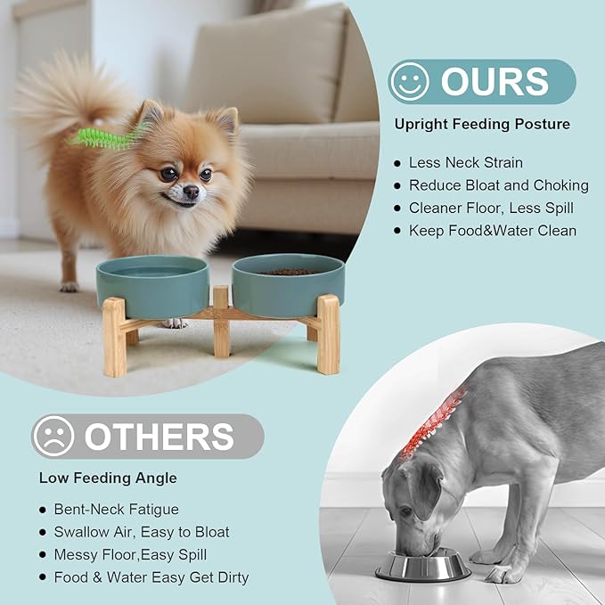 SPUNKYJUNKY Elevated Dog Bowls Ceramic, 5.1'' Dogs and Cat Food Water Bowls Raised with Non-Slip Bamboo Stand for Puppy Small Sized Breed Microwave Dishwasher Safe - 13.5 OZ,Dark Green