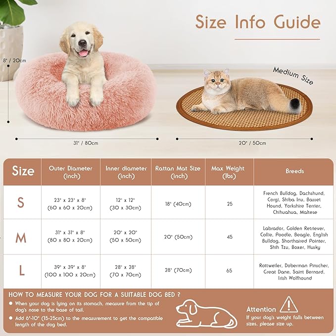 Calming Donut Dog Bed Medium Size Removable Cover + 2 PCS Cooling Rattan Pet Mat, Fluffy Comfort Anti-Anxiety Washable Round Pets Bed with Double-Sided Cool Pad for Medium Dogs/Cat, 31" Pink