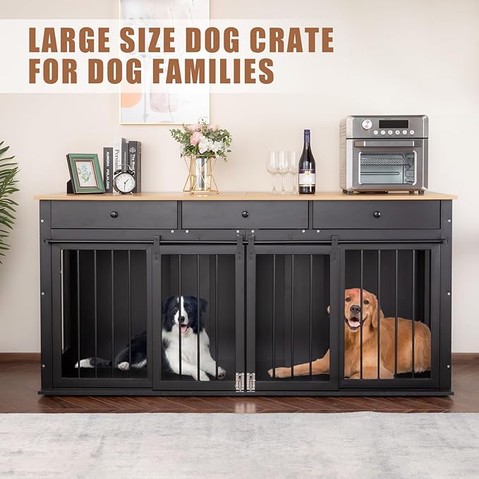 Sunseen Dog Crate Furniture Large Breed Wooden Dog Kennel with Room Divider & 3 Drawer,Double Doors Heavy Duty Dog Crate End Table Indoor TV Stand for Small Medium Large Dog Black,72''W*24''D*35''H