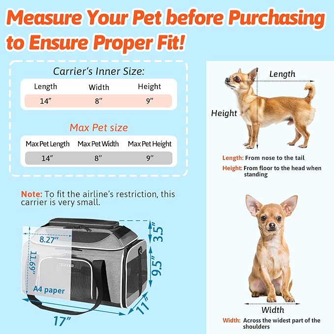 Petskd Top-Expandable Pet Carrier 17x11x9.5 Inches Alaska Airline Approved, Soft-Sided Carrier for Small Cats and Dogs with Locking Safety Zippers and Anti-Scratch Mesh(Grey)