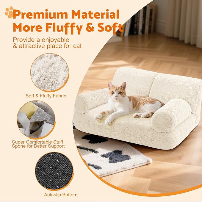 Gimars Upgrade Large Cat Bed for Indoor Cats -Added 10% More Stuff Sponge, Orthopedic Pet Couch Beds with Bolstered Edges, Fluffy Washable & Removable Cover, Anti Slip Base, White